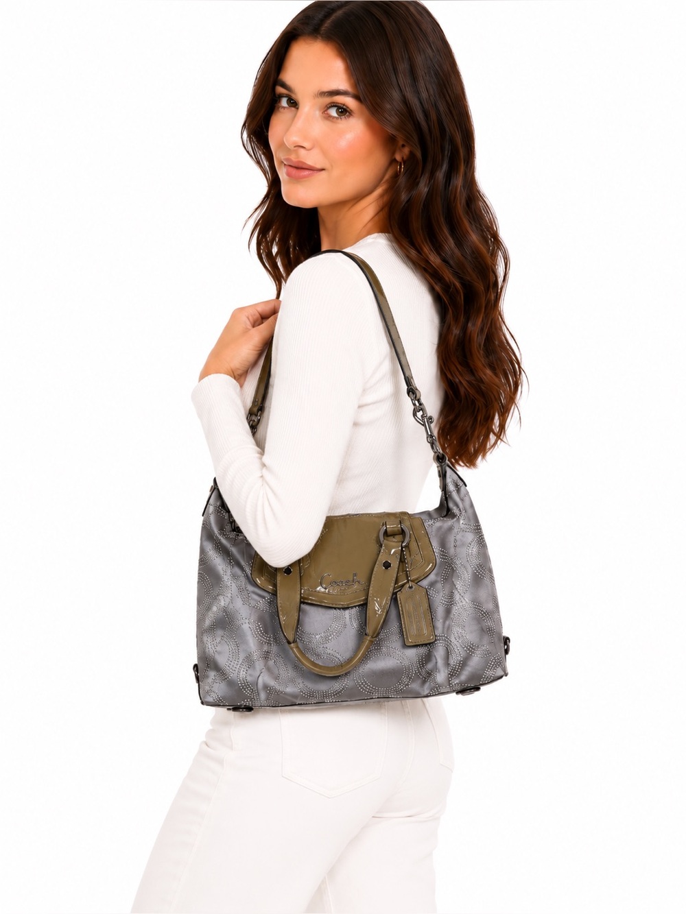 Coach Ashley Gray Signature Satin Patent Leather Shoulder Bag Satchel Purse